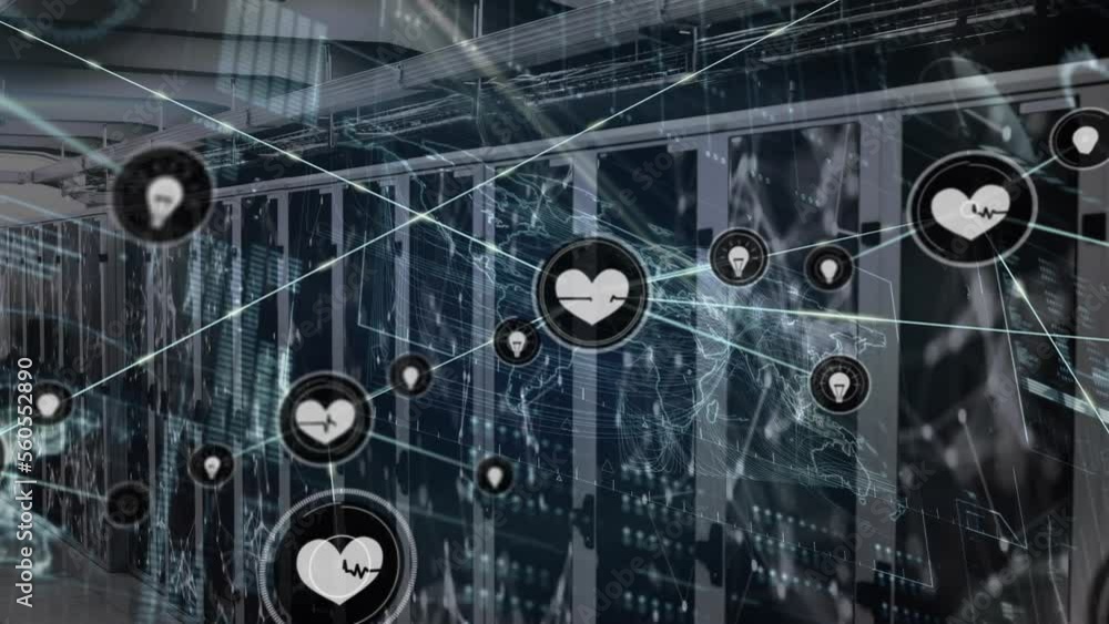 Poster animation of network of connections with icons over server room and data processing