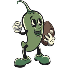 vector vintage illustration of green chili mascot cartoon character playing american football