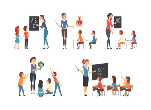 Female teachers teaching kids at math, geography, biology lessons list. School education concept cartoon vector illustration i
