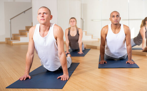 Adult man doing yoga with group of people in fitness studio, standing in stretching asana Urdhva Mukha Shvanasana known as Upward Facing Dog pose