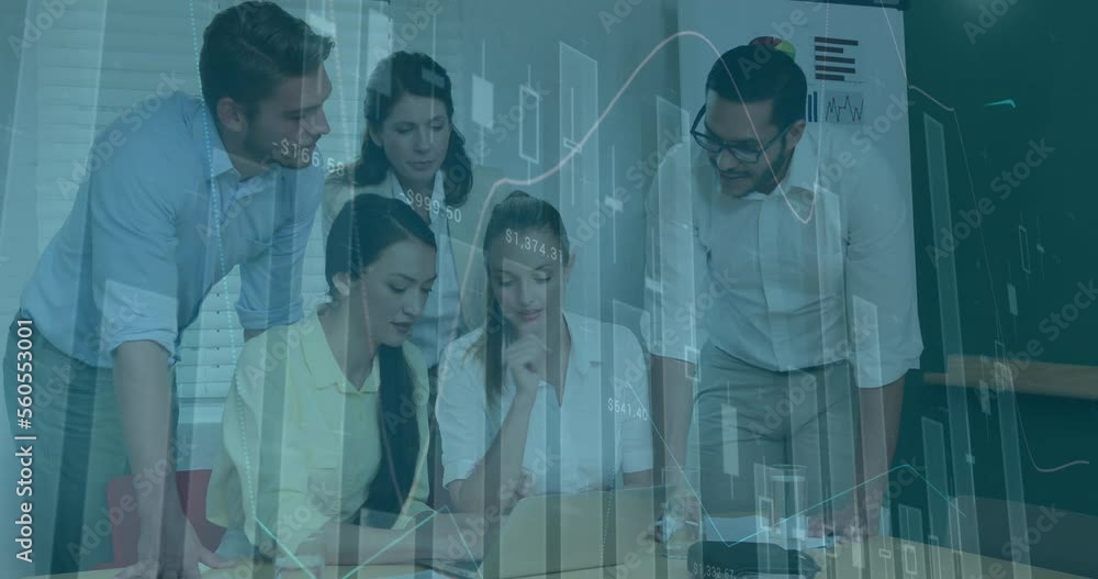 Poster animation of data processing over diverse business people working in office