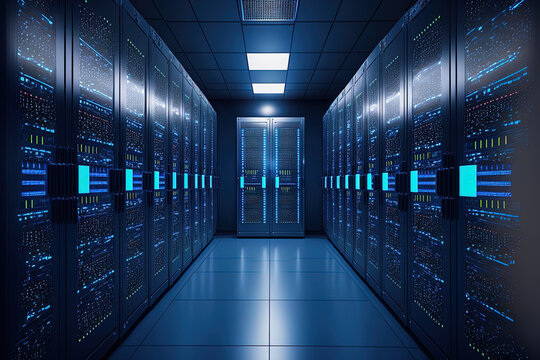 Dark blue server racks at the data center's server room for network security. Generative AI