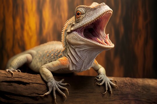 zoom in on the tokek Closeup of animal's open mouth against wooden background Close-up of a Tokek Lizard. Generative AI