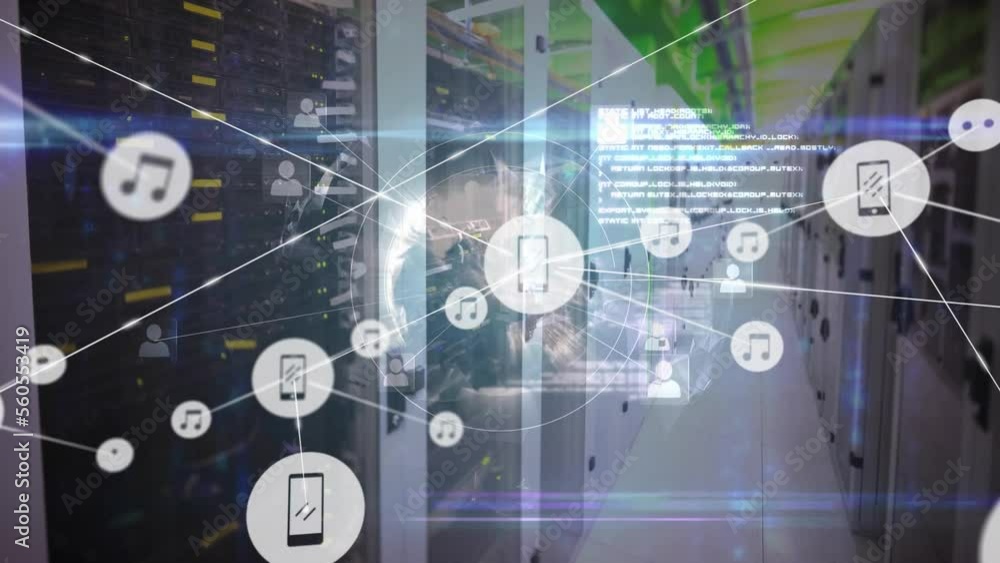 Aufkleber animation of network of connections with icons and globe over server room