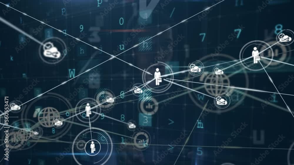 Poster animation of network of connections with icons and caucasian male hacker over data processing
