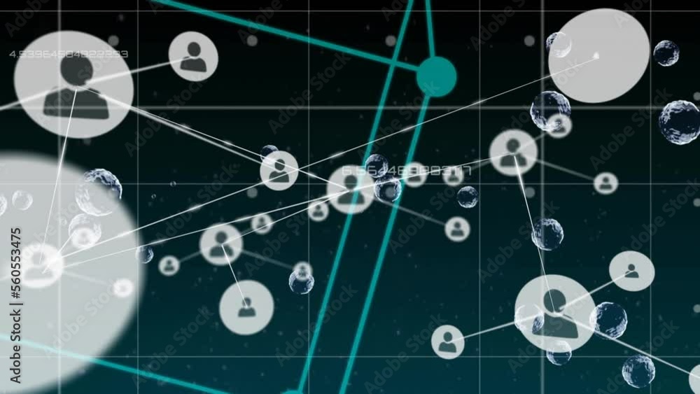 Poster animation of network of connections with icons and bubbles over shapes moving and data processing