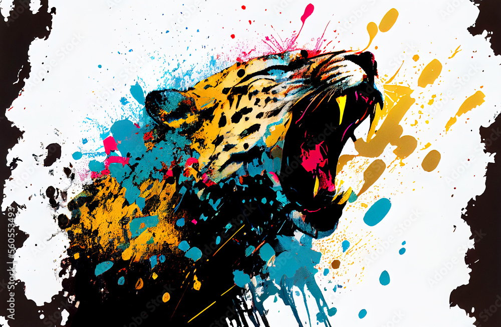 Poster Angry shouting panther close-up on white background. Watercolour brush strokes artistic technique.  
Digitally generated AI image.