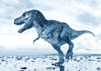 Fototapeta premium tyrannosaurus rex is walking on ice land side view
