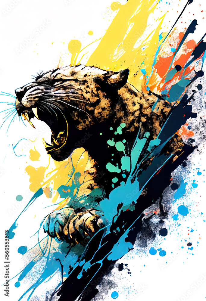 Poster angry shouting panther close-up on white background. watercolour brush strokes artistic technique. d