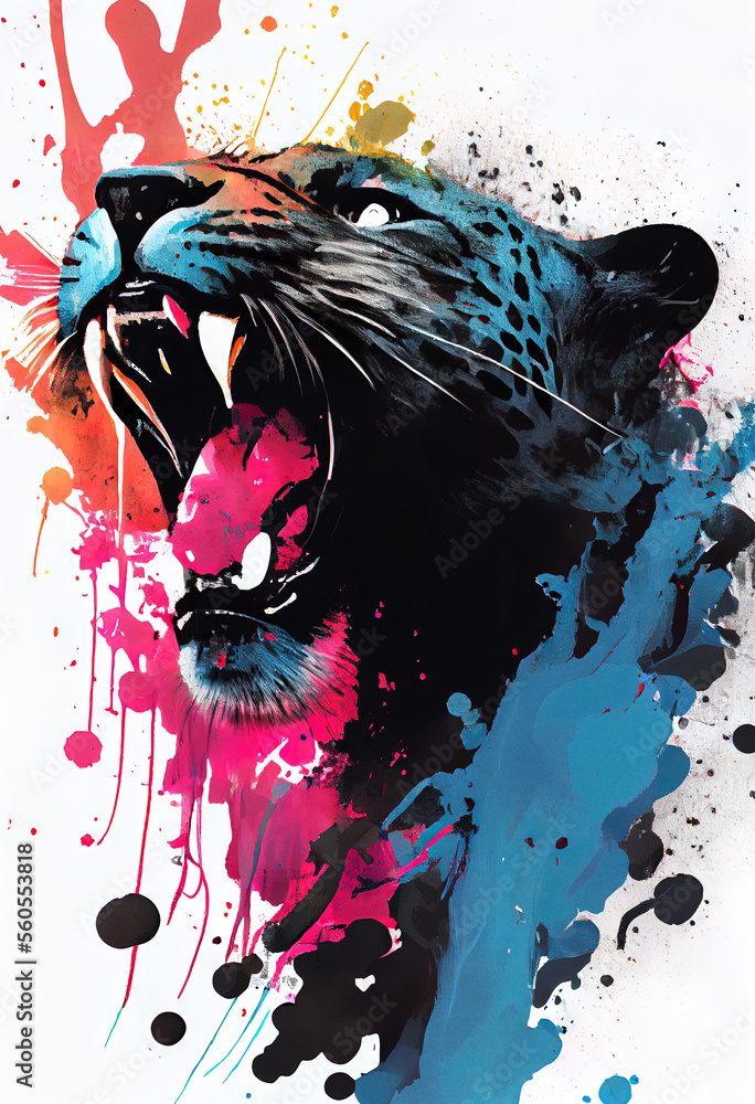 Aufkleber angry shouting panther close-up on white background. watercolour brush strokes artistic technique. d