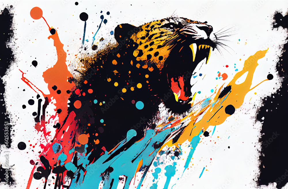 Poster angry shouting panther close-up on white background. watercolour brush strokes artistic technique. d