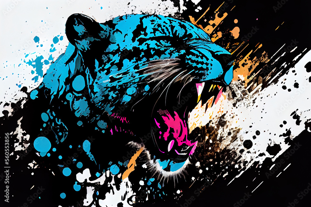 Poster angry shouting panther close-up on white background. watercolour brush strokes artistic technique. d