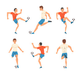 Fototapeta na wymiar Professional athlete play soccer set. Football player in sports uniform running and kicking ball cartoon vector illustration