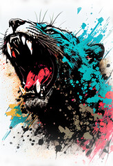 Angry shouting panther close-up on white background. Watercolour brush strokes artistic technique.  
Digitally generated AI image.