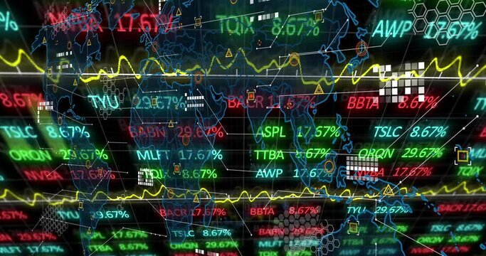 Animation of data processing and stock market over world map on black background