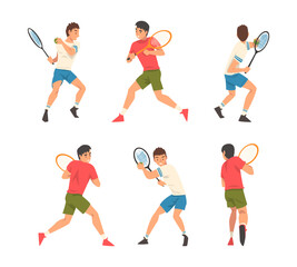 Professional athlete play tennis set. Man dressed in sports uniform playing tennis with racket and ball cartoon vector illustration