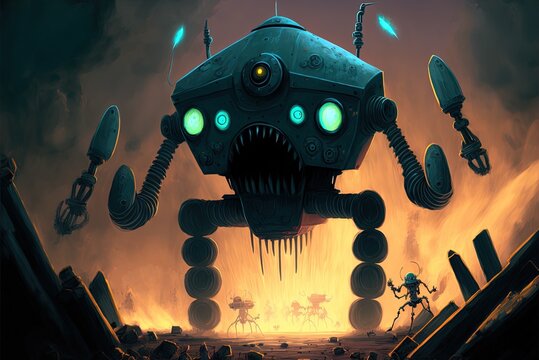 Cartoon depiction of an extraterrestrial robot conflict. Generative AI