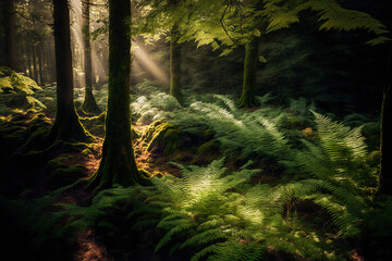 Fototapeta premium Sunlight filtering through a natural forest of beech trees with ground covering ferns. Generative AI