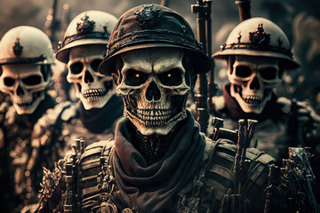 Fantastic image of the evil army under the leader's command. Army of the dead. Dark troops. Generative AI - obrazy, fototapety, plakaty