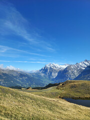 Hiking track with snow mountain view with green meadow long shot