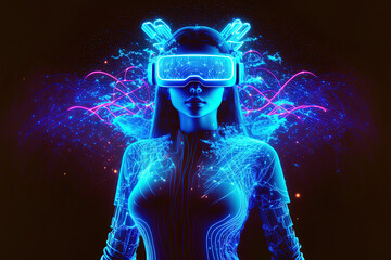 Woman in futuristic costume. Female in modern VR glasses interacting with network while having virtual reality experience. Augmented reality game, future technology, AI concept. VR. Neon blue light