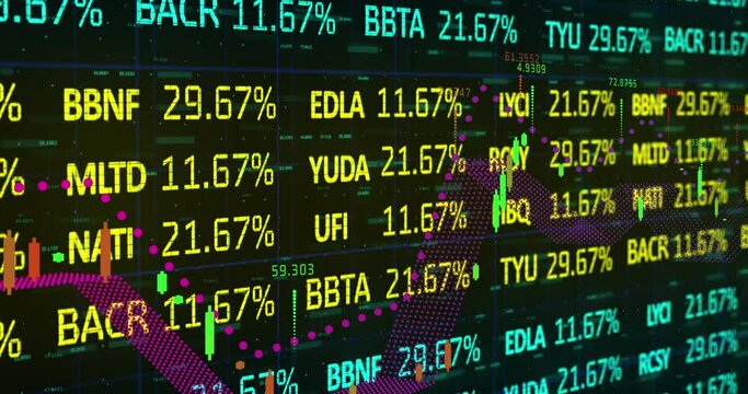 Animation of data processing with stock market over black background