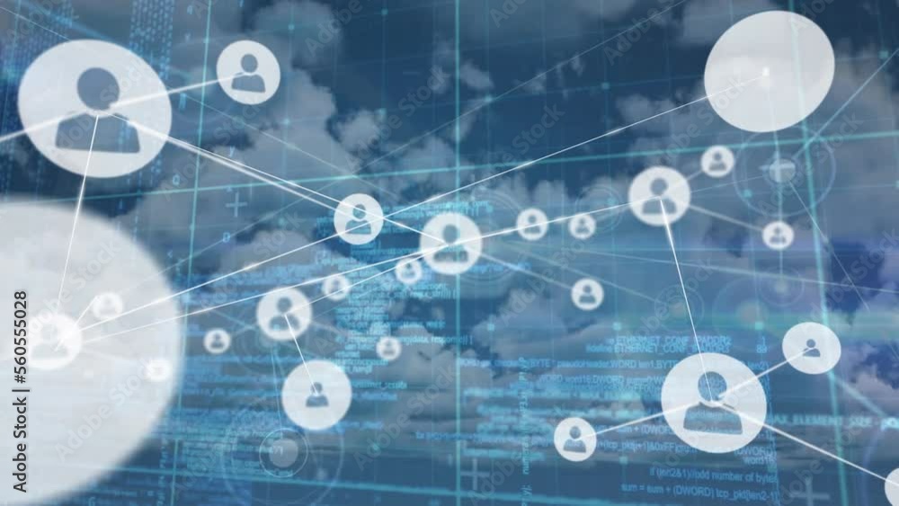 Poster animation of network of connections with icons over clouds and data processing