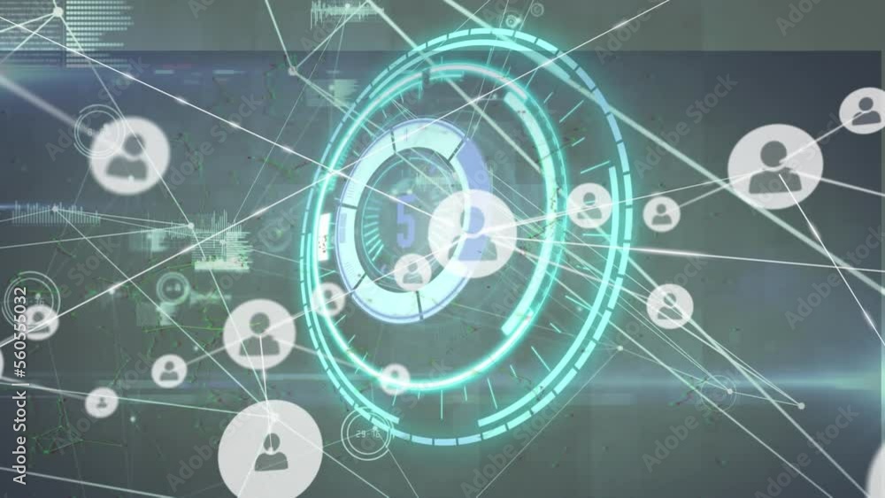 Poster animation of network of connections with icons over scope scanning on black background