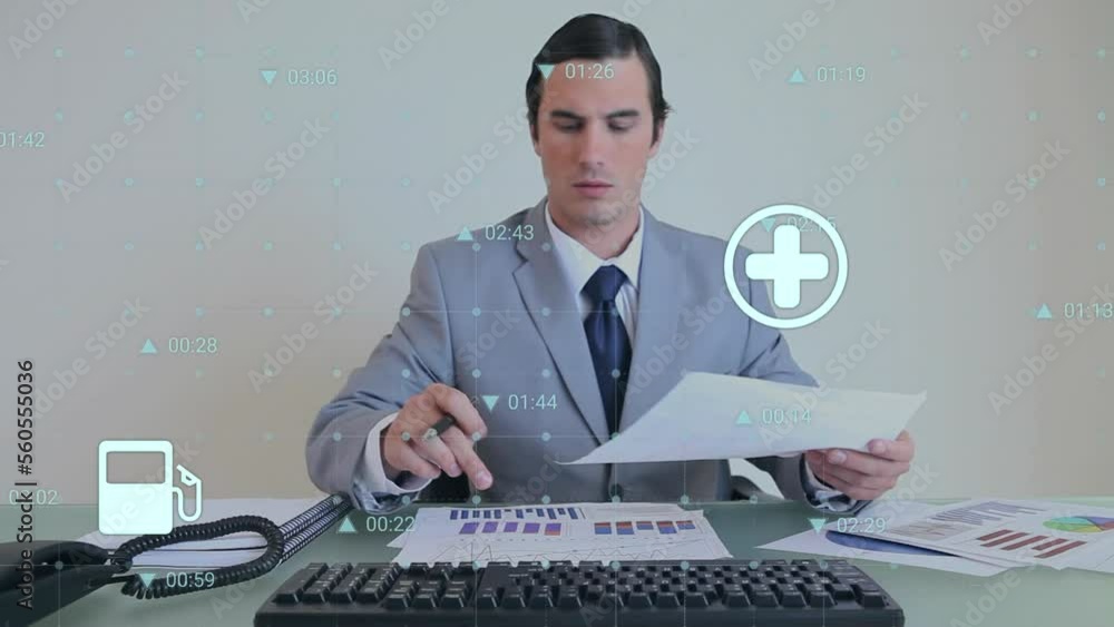 Poster animation of data processing with icons over caucasian businessman