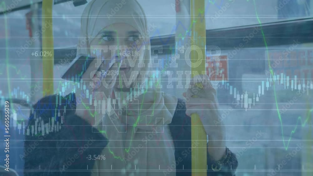 Poster animation of financial data processing over woman in hijab talking on smartphone in the bus