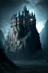 Dark castle on mountain side AI generative