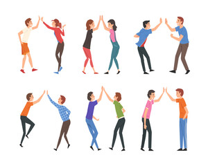 Fototapeta premium Set of happy people giving high five. Cheerful colleagues or friends metting, celebrating goal achievement cartoon vector illustration