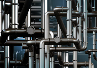 Textura pipes. Intertwining steel pipes Background. Labyrinth of pipes visualization. Background with pipeline. Steel texture with pipeline. Engineering communications background. 3d rendering.