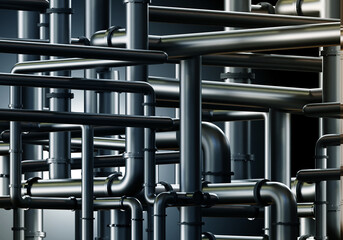 Metal pipes in production. Background of intertwined pipes. Industrial species from pipelines. Engineering networks from pipelines. 3d rendering