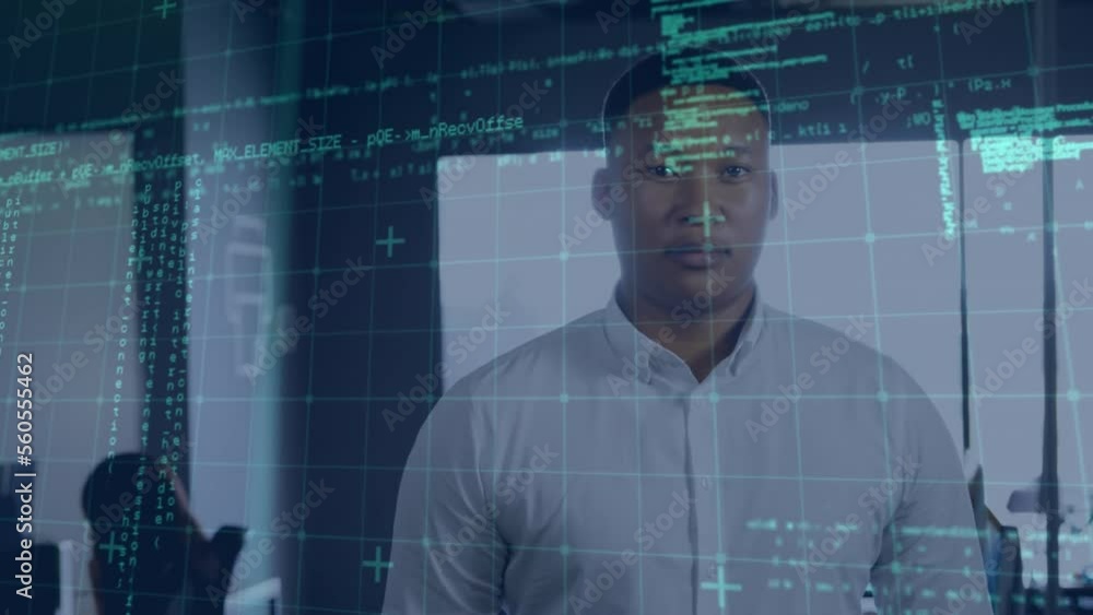 Poster animation of grid pattern and programming language over biracial businessman standing in office