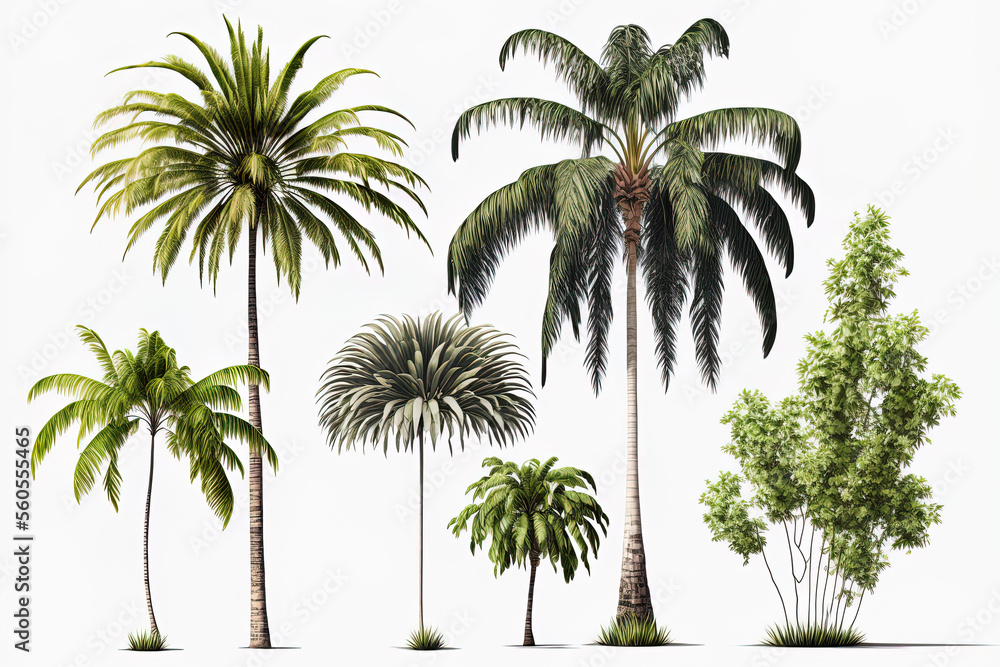 Poster palm and coconut trees collection of trees on a white backdrop, isolated. summertime growth results 