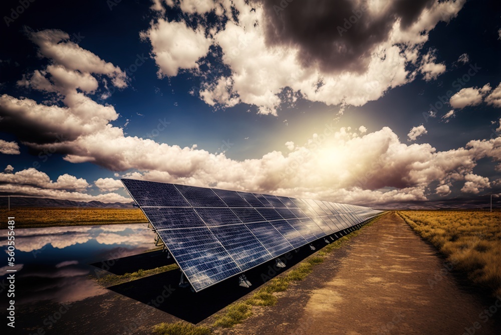 Poster renewable energy in the form of solar panels on a field with a cloudy sky. generative ai