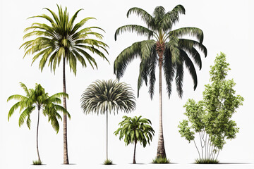 Fototapeta na wymiar palm and coconut trees Collection of trees on a white backdrop, isolated. Summertime growth results in large trees with large trunks. Generative AI