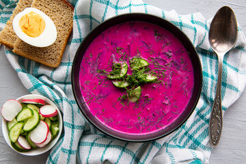 Lithuanian soup chlodnik with cucumbers, radish and egg. Tasty healthy dish, top view. 