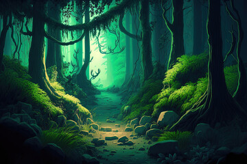 Deep Woods Imaginary Background. concept painting Illustration that is realistic. Digital CG Artwork Background for video games. scenery in nature. Generative AI
