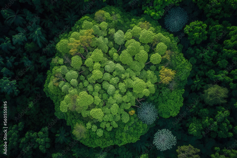 Poster aerial top view of a forest tree, background and notion of the rainforest ecology, atop a canopy of 