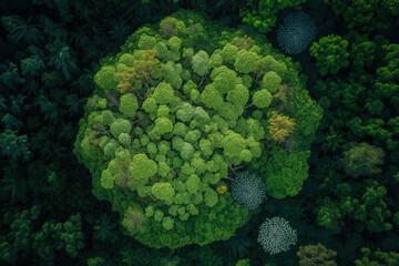 aerial top view of a forest tree, background and notion of the rainforest ecology, atop a canopy of green trees, the texture. Generative AI