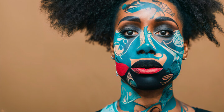 Portrait of a black woman with face and body painting. Single colored solid background. Illustration created with generative AI
