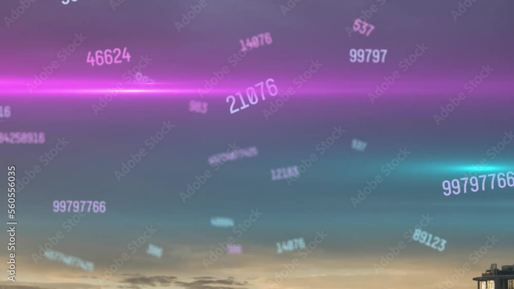 Poster animation of data processing and light trails over cityscape