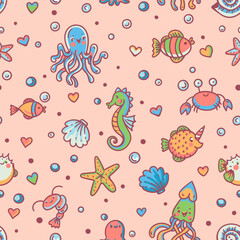 Cute doodle sealife vector seamless pattern