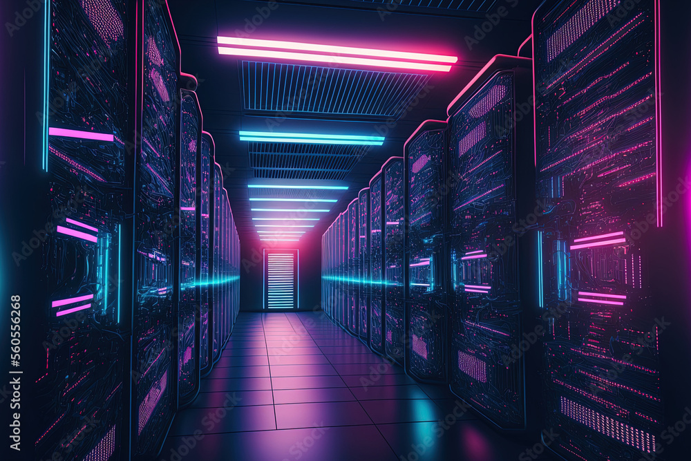 Poster picture of a data center with many rows of active server racks. concept of supercomputer technology,