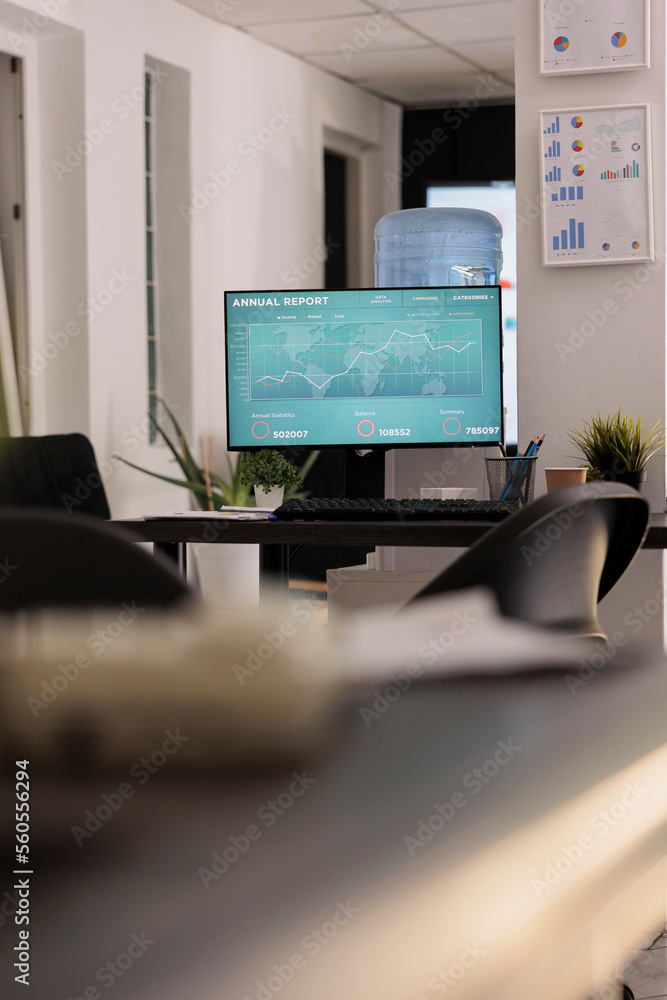 Poster annual business growth analysis using ingenious computer software. investment application displays b
