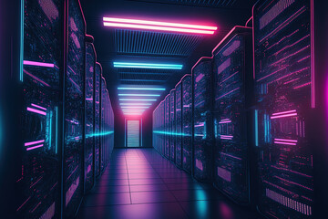 Fototapeta premium Picture of a data center with many rows of active server racks. Concept of Supercomputer Technology, Artificial Intelligence, and Modern Telecommunications Darkly lit with neon blue and pink lights