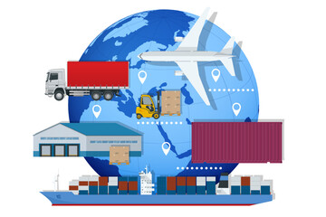 Fototapeta na wymiar Global logistics network. Air cargo, rail transportation, maritime shipping, warehouse, container ship, city skyline on the world map.