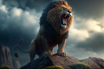 Wild lion roar on top of the hill